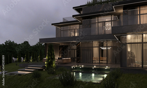 Modern villa with a large green area. Evening illumination of the facade. Exterior. House with pool and terrace. 3D visualization. house architecture © House