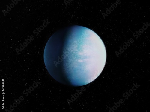 Spectacular exoplanet, sci-fi wallpaper. Planet with atmosphere, perfect place for alien life. Distant planet in blue colour. © Nazarii