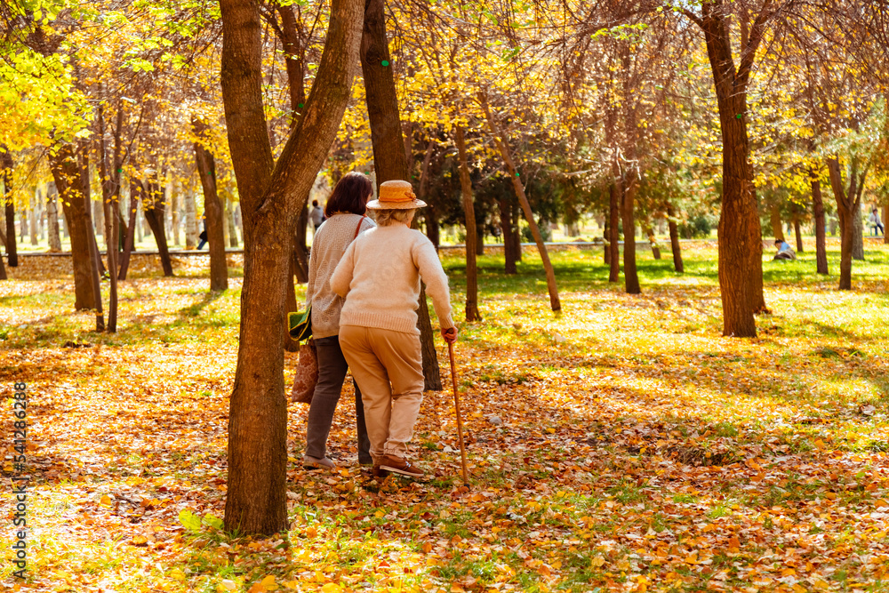 Woman accompanies older woman with stick Woman accompanies older woman with stick