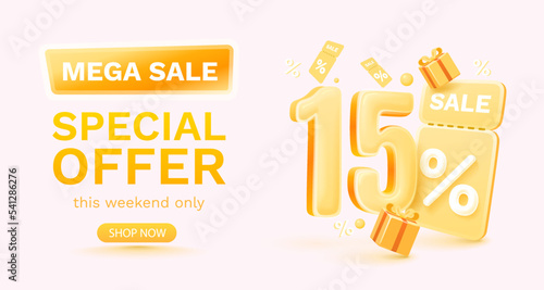 15 percent Special offer mega sale, Check and gift box. Sale banner and poster. Vector
