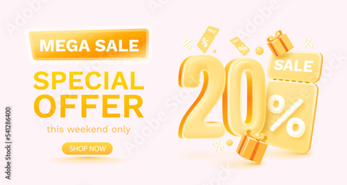 20 percent Special offer mega sale, Check and gift box. Sale banner and poster. Vector