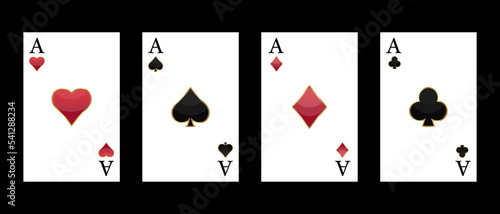 Casino player cards set. Poker club game. Player cards sets deck spread 4 aces royal. Vector illustration