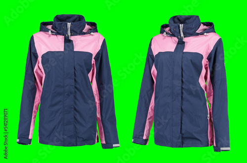 Blue zip-up raincoat with pink inserts. Isolated image on a green background. Nobody. Front view. photo