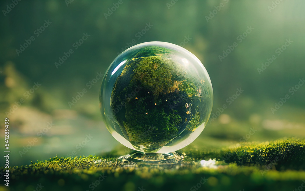 Environment conservation concept. Close up of glass globe in the forest with copy space background 3d render. Environment conservation concept. Close up of glass globe in the forest with copy space background 3d render.