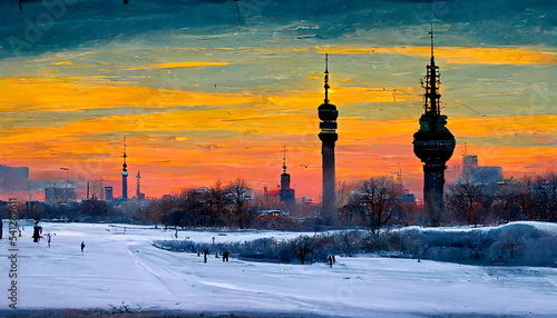 Berlin skyline in winter at sunset overlooking the city in Germany. Digital art and Concept digital illustration.