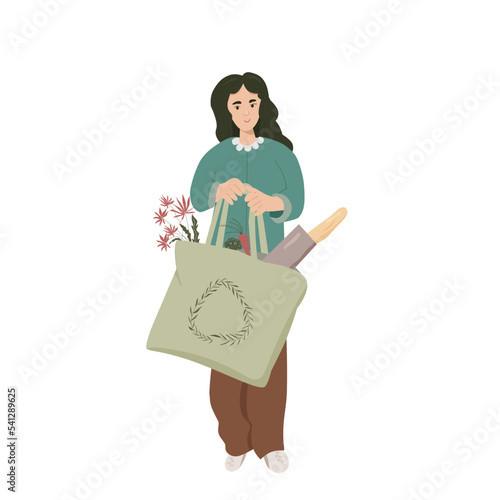 Young woman with eco shopping bag. Sustainable life vector illustration