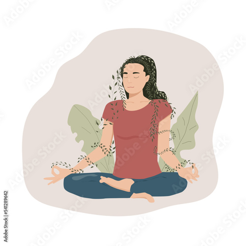 Eco mind young woman sitting in yoga easy pose with plants on hands. Ecological vector illustration