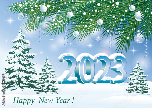 Merry Christmas and Happy New Year 2023 greeting card with winter snowy nature. Vector illustration