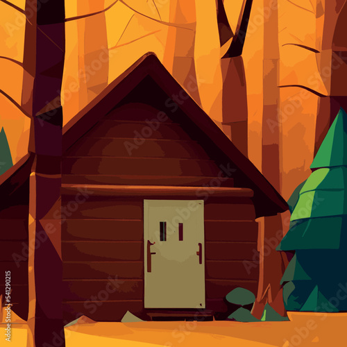 Autumn forest with wooden house on glade. Vector cartoon illustration of deep woods landscape with forester hut, grass and orange trees. Fall scene with cottage