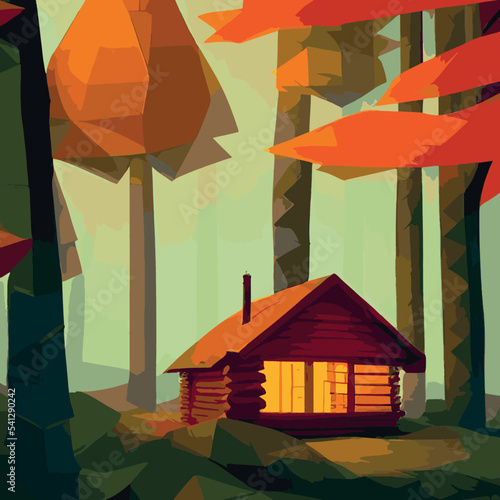 Autumn forest with wooden house on glade. Vector cartoon illustration of deep woods landscape with forester hut, grass and orange trees. Fall scene with cottage