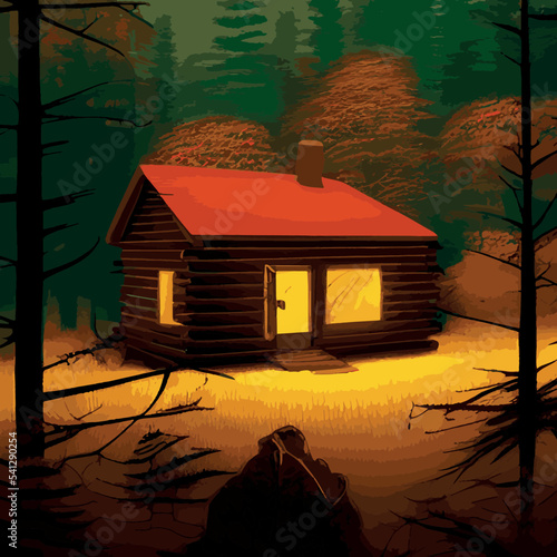 Autumn forest with wooden house on glade. Vector cartoon illustration of deep woods landscape with forester hut, grass and orange trees. Fall scene with cottage