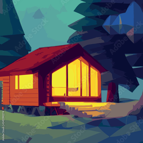 Autumn forest with wooden house on glade. Vector cartoon illustration of deep woods landscape with forester hut, grass and orange trees. Fall scene with cottage