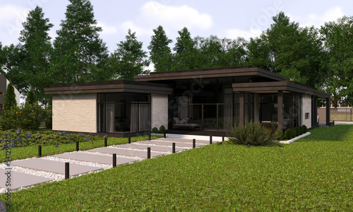 Modern one-story house with a carport. House with panoramic windows. Brick facade. Exterior. 3D visualization