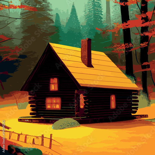Autumn forest with wooden house on glade. Vector cartoon illustration of deep woods landscape with forester hut, grass and orange trees. Fall scene with cottage