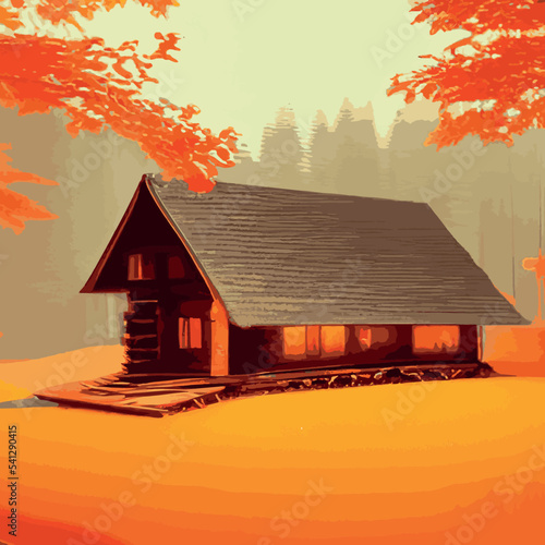 Autumn forest with wooden house on glade. Vector cartoon illustration of deep woods landscape with forester hut, grass and orange trees. Fall scene with cottage