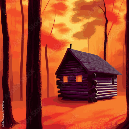 Autumn forest with wooden house on glade. Vector cartoon illustration of deep woods landscape with forester hut, grass and orange trees. Fall scene with cottage