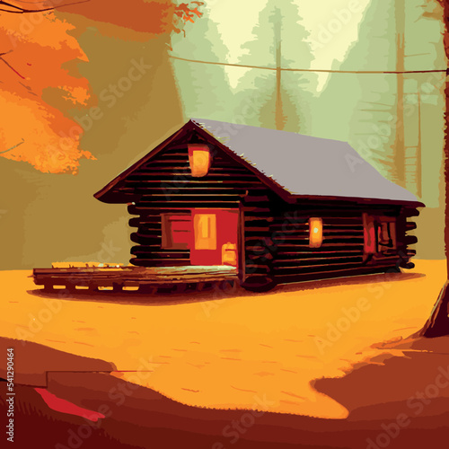 Autumn forest with wooden house on glade. Vector cartoon illustration of deep woods landscape with forester hut, grass and orange trees. Fall scene with cottage