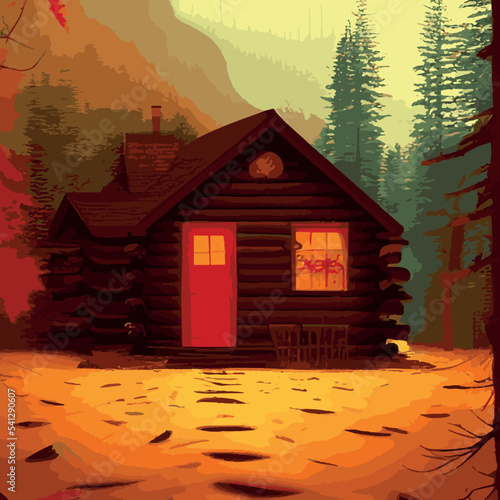 Autumn forest with wooden house on glade. Vector cartoon illustration of deep woods landscape with forester hut, grass and orange trees. Fall scene with cottage
