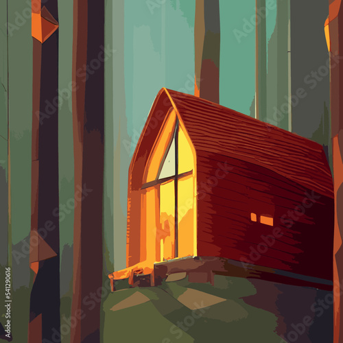 Autumn forest with wooden house on glade. Vector cartoon illustration of deep woods landscape with forester hut, grass and orange trees. Fall scene with cottage