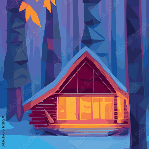Autumn forest with wooden house on glade. Vector cartoon illustration of deep woods landscape with forester hut, grass and orange trees. Fall scene with cottage