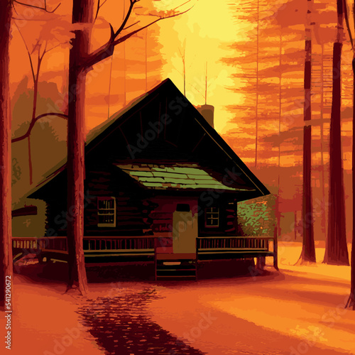 Autumn forest with wooden house on glade. Vector cartoon illustration of deep woods landscape with forester hut, grass and orange trees. Fall scene with cottage