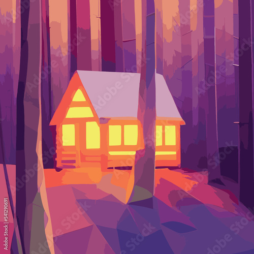 Autumn forest with wooden house on glade. Vector cartoon illustration of deep woods landscape with forester hut, grass and orange trees. Fall scene with cottage
