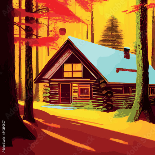 Autumn forest with wooden house on glade. Vector cartoon illustration of deep woods landscape with forester hut, grass and orange trees. Fall scene with cottage