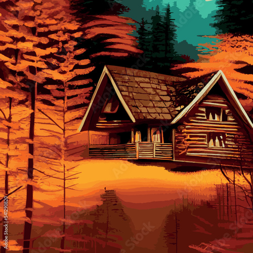 Autumn forest with wooden house on glade. Vector cartoon illustration of deep woods landscape with forester hut, grass and orange trees. Fall scene with cottage