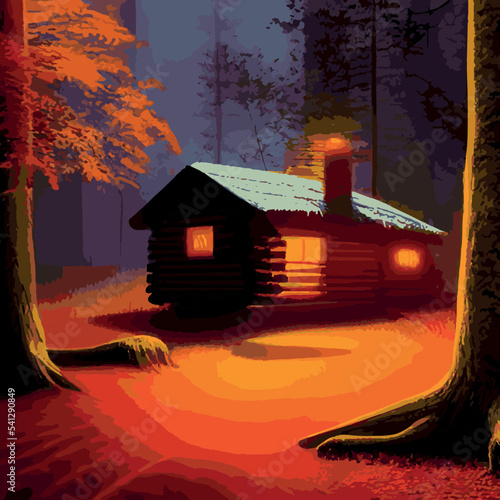 Autumn forest with wooden house on glade. Vector cartoon illustration of deep woods landscape with forester hut, grass and orange trees. Fall scene with cottage