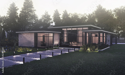 House with pool in modern style. Facade lighting. House on a beautiful lot. 3D visualization of the house. Evening illumination © House