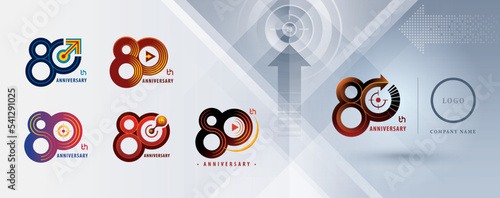 Set of 80th Anniversary logotype design, Eighty years Celebrating Anniversary Logo multiple line for celebration, Play Arrow, Target Sign logo,