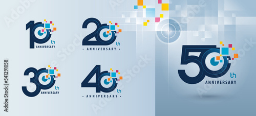 Set of 10 to 50 years Anniversary logotype design, Ten to Fifty years Celebrating Anniversary Logo multiple Pixel for celebration