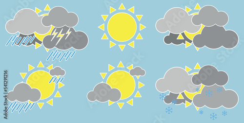 Weather icons set isolated on a blue background. Clouds logo and sign collection. Black, blue and yellow colors. Simple modern design. Flat style vector illustration.
