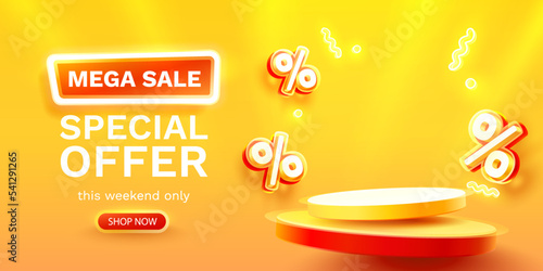 Podium percentage, flyer event product. sale off banner. Vector