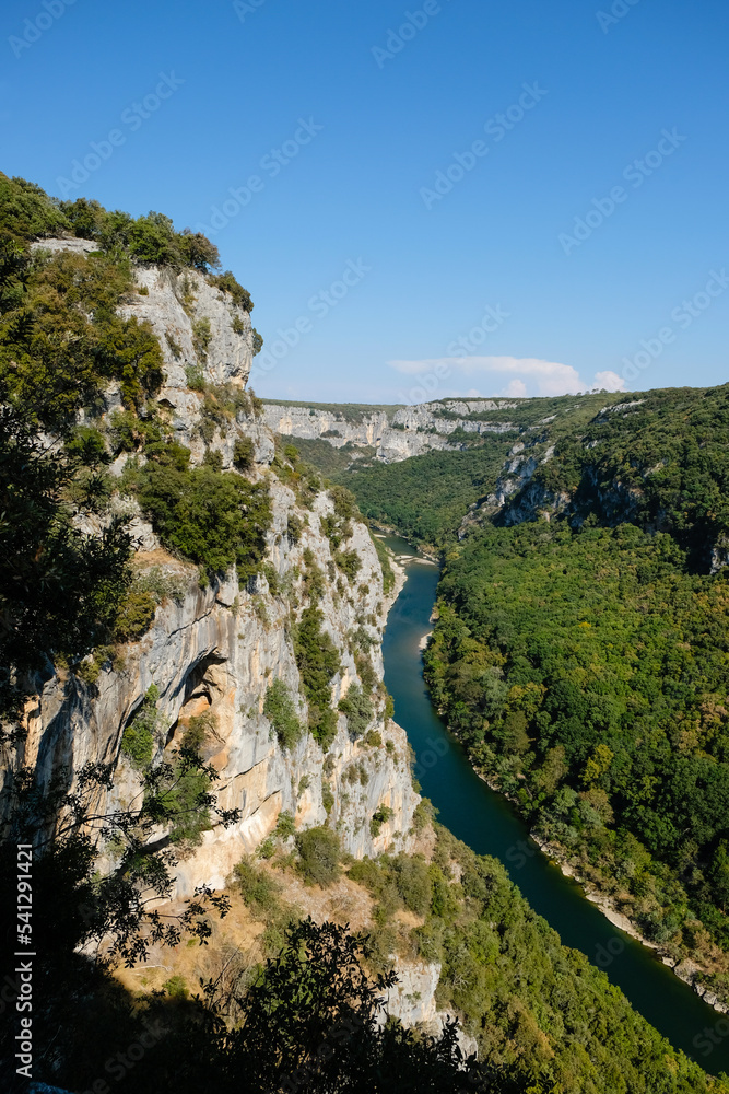 Limestone cliff and Ardeche River Gorge Provence, France. View from the observation deck of Grotte de la Madeleine, Saint Remeze.