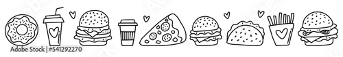 Vector horizontal illustration with fast food hand-drawn in doodle style