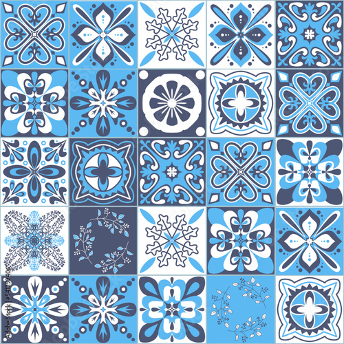 Azulejo talavera blue white ceramic tile portuguese vintage pattern, vector illustration for design