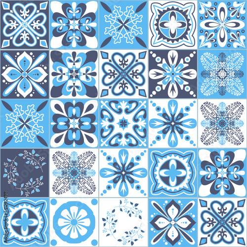 Azulejo majolica ceramic tile blue white traditional organic pattern, illustration for wall decoration