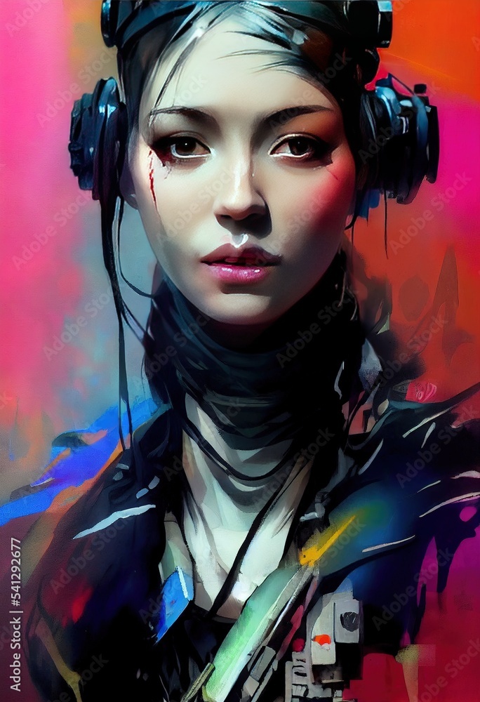 Cyberpunk girl with headphone and tattoo, colorful brush strokes, 3D rendered Cyberpunk girl with headphone and tattoo, colorful brush strokes, 3D rendered