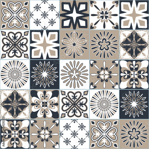 Spanish ceramic tiles dark gray beige color, decorative wall decoration in bathroom, vector illustration