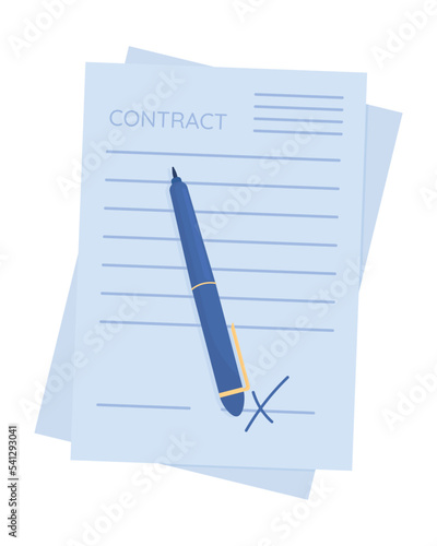 Contract with pen semi flat color vector object. Business deal. Editable element. Full sized item on white. Simple cartoon style illustration for web graphic design and animation. Quicksand font used