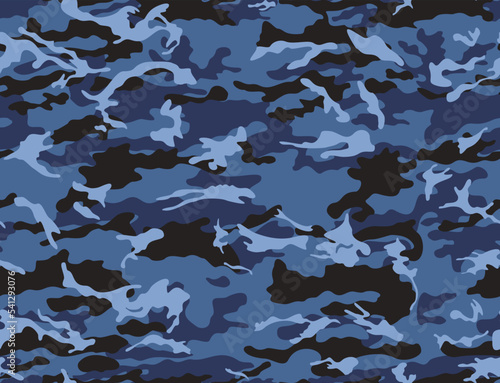 Military blue camouflage background, vector texture, modern shape pattern, army