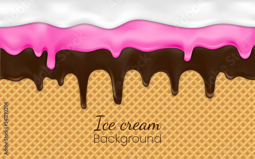 Realistic drip ice cream or frozen yogurt on waffle background. Syrup sweet liquid, glossy cream border, molten texture 3d vector illustration Melted white and cocoa icing or sweet sauce drop on wafer