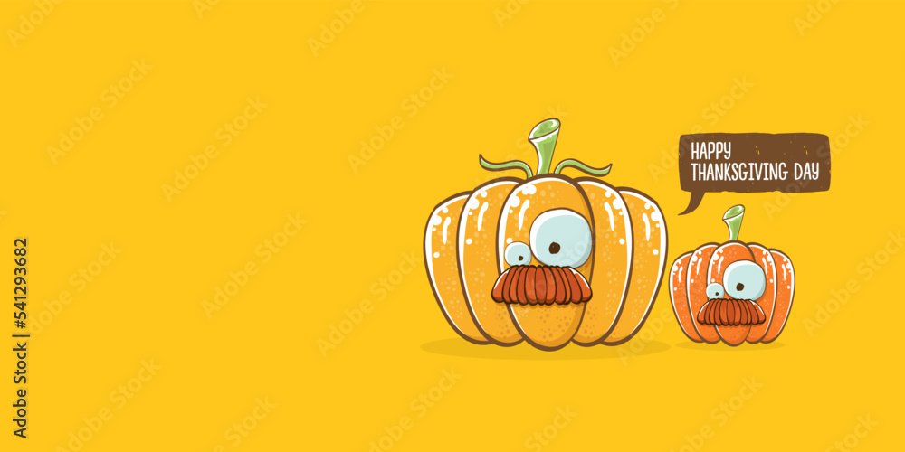 Funny Thanksgiving day horizontal banner with vector funny cartoon cute smiling friends pumpkins isolated on orange background. Thanksgiving day cute banner and label design template with pumpkins Funny Thanksgiving day horizontal banner with vector funny cartoon cute smiling friends pumpkins isolated on orange background. Thanksgiving day cute banner and label design template with pumpkins