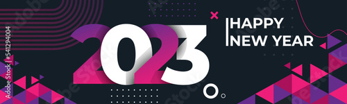 Happy new year 2023 text design with modern geometric calligraphy on dark background. Creative greeting card colorful banner for the 2023 year