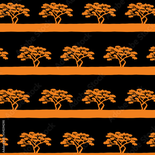 Black orange contrast desert seamless pattern vector illustration with a tree growing in the desert