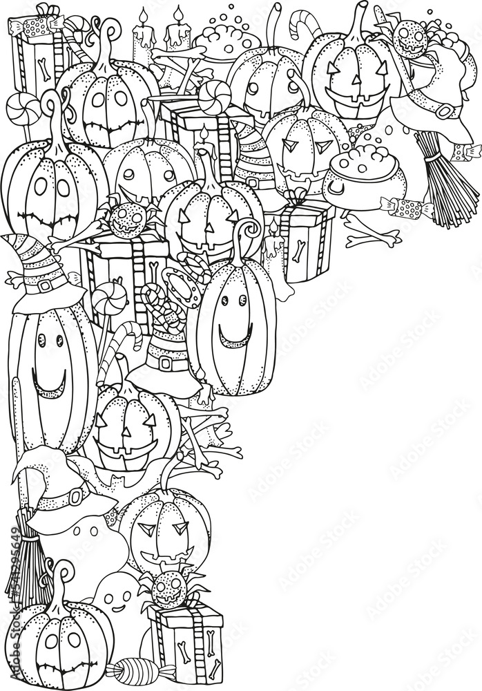 Set of Halloween symbols pumpkin, broom, bat, spider. Black and white doodle. Coloring book page. 