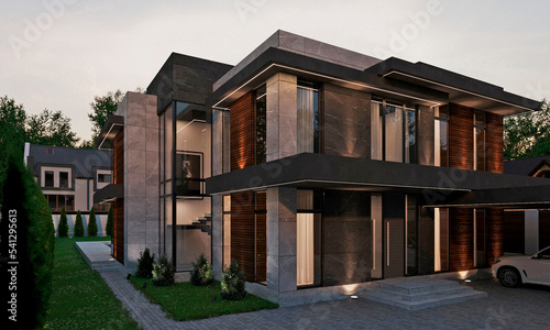 Modern house with a pool and a canopy. Exterior, evening illumination of the facade. House with panoramic windows. 3D visualization © House