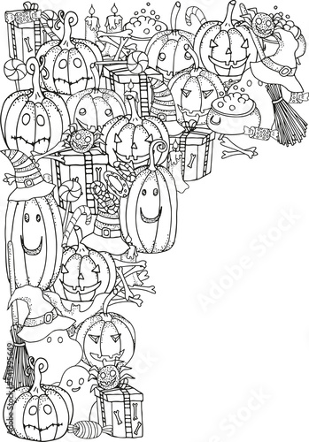 Set of Halloween symbols pumpkin  broom  bat  spider. Black and white doodle. Coloring book page. 
