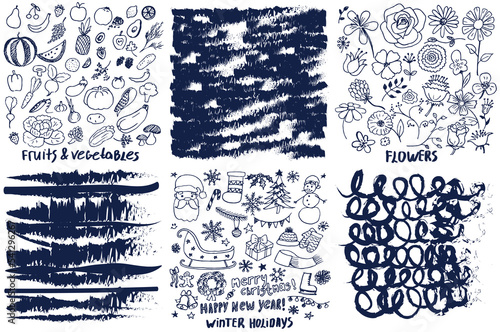 Hand drawn doodle abstract pattern in dark and white style, texture background. Series of figures of different shape, on topic strokes, vegetables, fruits, congratulations on new year and christmas